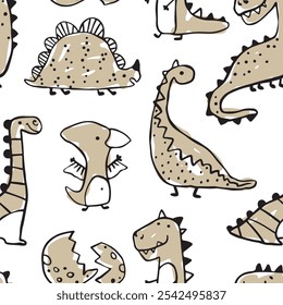 Seamless pattern with hand-drawn dinosaurs. Black outlines with beige coloring on a white background, creating a playful, hand-colored look. Ideal for kids textiles and decor