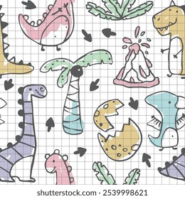 Seamless pattern of hand-drawn dinosaurs, cracked eggs, and tropical plants, colored with markers on a grid background resembling notebook paper. Playful doodle style, for school supplies and kids.