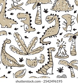 Padrão contínuo com dinossauros desenhados à mão, ovos rachados e plantas tropicais. Contornos pretos com coloração bege em um fundo branco, criando uma aparência brincalhona, de cor manual
