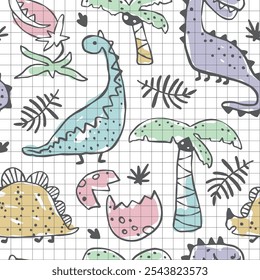 Nahtloses Muster aus handgezeichneten Dinosauriern, zerrissenen Eiern und tropischen Pflanzen, gefärbt mit Markern auf einem Gitterhintergrund, der an Notizbuchpapier erinnert. Spielerischer Doodle-Stil, für Schulbedarf und Kinder.