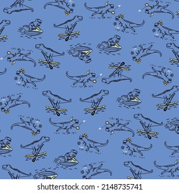 Seamless pattern of a hand-drawn dinosaurs with typography background elements