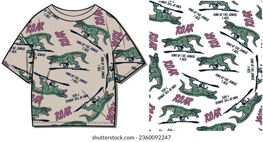 seamless pattern of a hand-drawn dinosaurus with typography background elements