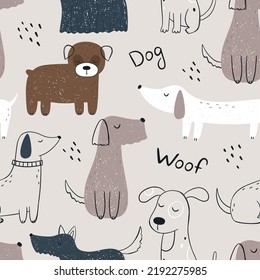 Seamless pattern with hand-drawn dogs. Cute cartoon animals. Vector illustration for printing on fabric, wrapping paper, clothing, wallpaper
