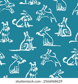 A seamless pattern of hand-drawn dogs in various poses, including sitting and running. The orange doodles on a textured background add a playful and whimsical touch.