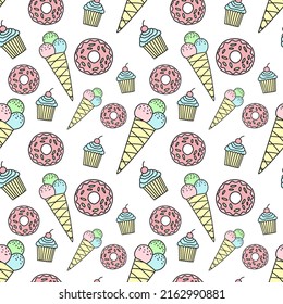 Seamless pattern of hand-drawn donut, ice cream, cupcake. Vector background image for holiday, baby shower, birthday, prints in the style of unicorns, textures, wrapping paper.