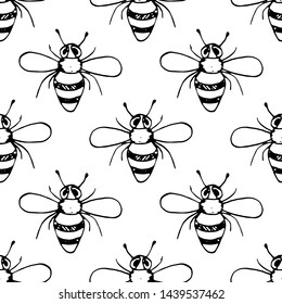 Seamless pattern Handdrawn doodle bee icon. Hand drawn black bee sketch. Sign symbol. Decoration element. White background. Isolated. Flat design. Vector illustration.