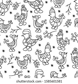 Seamless pattern with hand-drawn Doodle birds in winter hats, with snowflakes and snow branches, coloring page for kids and adults