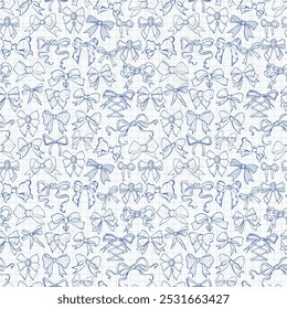 Seamless pattern of hand-drawn doodle bows in various styles, sketched in blue on graph paper background