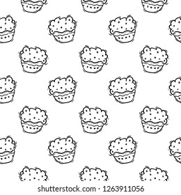 Seamless pattern Handdrawn doodle cake icon. Hand drawn black sketch. Sign symbol. Decoration element. White background. Isolated. Flat design. Vector illustration.