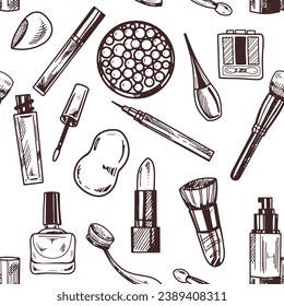 Seamless pattern of hand-drawn doodle cosmetics, beauty, self-care elements. Illustration for beauty salon, cosmetic store, makeup design. Engraved image.