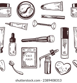 Seamless pattern of hand-drawn doodle cosmetics, beauty, self-care elements. Illustration for beauty salon, cosmetic store, makeup design. Engraved image.