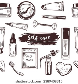 Seamless pattern of hand-drawn doodle cosmetics, beauty, self-care elements. Illustration for beauty salon, cosmetic store, makeup design. Engraved image.