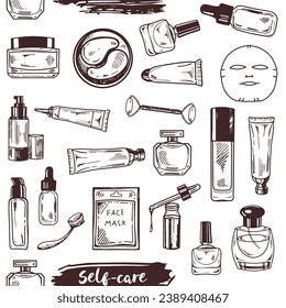 Seamless pattern of hand-drawn doodle cosmetics, beauty, self-care elements. Illustration for beauty salon, cosmetic store, makeup design. Engraved image.