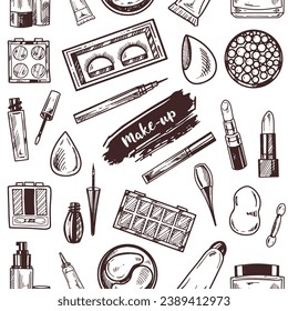 Seamless pattern of hand-drawn doodle cosmetics, beauty, self-care elements. Illustration for beauty salon, cosmetic store, makeup design. Engraved image.