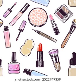 Seamless pattern of hand-drawn doodle cosmetics, beauty, self-care elements. Illustration for beauty salon, cosmetic store, makeup design. Engraved image.