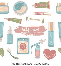 Seamless pattern of hand-drawn doodle cosmetics, beauty, self-care elements. Illustration for beauty salon, cosmetic store, makeup design. Engraved image.