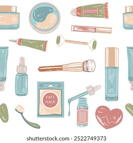 Seamless pattern of hand-drawn doodle cosmetics, beauty, self-care elements. Illustration for beauty salon, cosmetic store, makeup design. Engraved image.