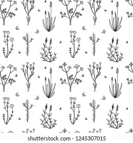Seamless pattern of hand-drawn doodle elements of medicine herb. Vector illustration in sketch style on white background.