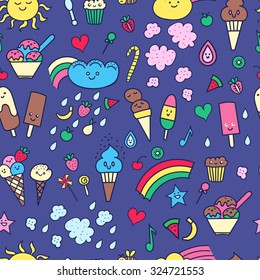 Seamless pattern with hand-drawn doodle elements in children style: rainbow, candies, fruit, sweets