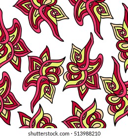 Seamless pattern with hand-drawn doodle elements. Vector illustration in bright colors.