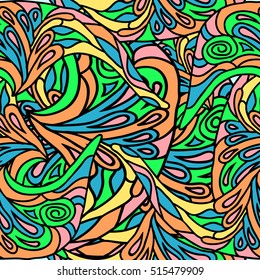 Seamless pattern with hand-drawn doodle elements. Vector illustration in bright colors.
