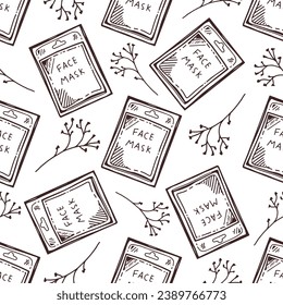 Seamless pattern of hand-drawn doodle face mask in a package. Beauty cosmetic element, self care. Sketch style.