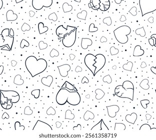 Seamless pattern with hand-drawn doodle hearts. Ink black and white background for wrapping paper, scrapbooking, postcards and posters. Valentine's day illustration with broken hearts.