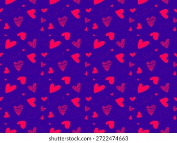 Padrão contínuo com corações de rabiscar desenhados à mão em rosa brilhante e vermelho no fundo roxo profundo. Ilustração romântica lúdica cria o humor de amor para o papel de embrulho, tecido, papelaria, embalagem e design moderno.