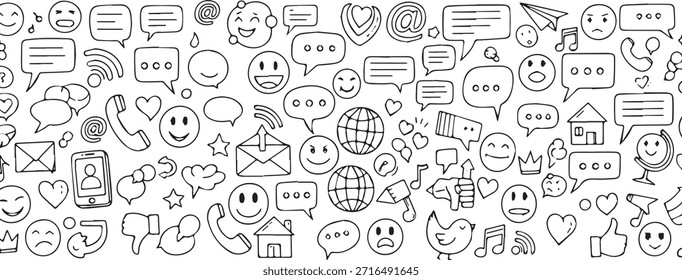 Un patrón perfecto de iconos de doodle dibujados a mano que representan las redes sociales, la comunicación y las emociones, incluidas las burbujas de discurso, los emojis, los teléfonos y los símbolos de Internet.