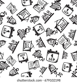 Seamless pattern with hand-drawn doodle icons, back to school theme. White background Black and white vector illustration.