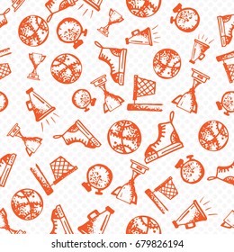 Seamless pattern with hand-drawn doodle icons, sport theme. White background Orange color vector illustration.
