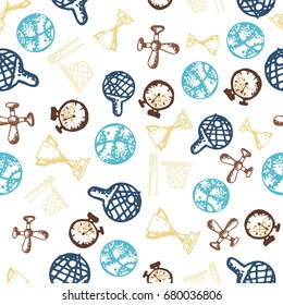 Seamless pattern with hand-drawn doodle icons, sport theme. White background Small color vector illustration.