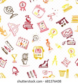 Seamless pattern with hand-drawn doodle icons, back to school theme. White background. Low color vector illustration.
