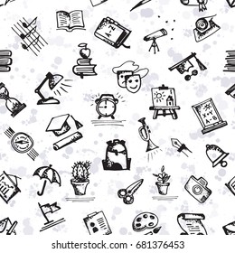 Seamless pattern with hand-drawn doodle icons, back to school theme. White background Black color vector illustration.