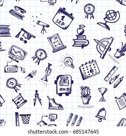 Seamless pattern with hand-drawn doodle icons, back to school theme. White background Dark blue color vector illustration.