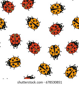 Seamless pattern with handdrawn doodle ladybugs. Vector cartoon illustration.