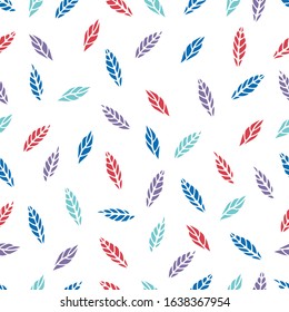 Seamless pattern with hand-drawn doodle leaves on a white background for cards, festive decoration, textiles.