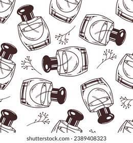 Patrón sin foco de la botella de perfume de doodle dibujada a mano, elemento cosmético de belleza, autocuidado. Ilustración para salón de belleza, tienda de cosméticos, diseño de maquillaje. Estilo de dibujo de Doodle.