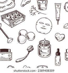 Nahtlose Muster des handgezeichneten Doodle Spa, Kosmetik, Schönheit, Selbstpflege Elemente. Illustration für Schönheitssalon, Kosmetikgeschäft, Make-up Design. Bildgravur.