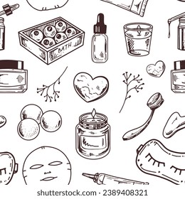 Seamless pattern of hand-drawn doodle spa, cosmetics, beauty, self-care elements. Illustration for beauty salon, cosmetic store, makeup design. Engraved image.