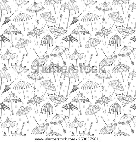 Seamless pattern of hand-drawn doodle vintage umbrellas in various styles, sketched in black on a white background.