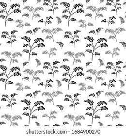 Patrón sin inconvenientes con los doodles dibujados a mano de ramas negras con bayas sobre un fondo blanco. Ornamento vectorial, patrón folclórico.