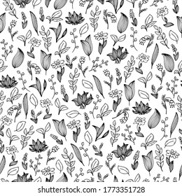 A seamless pattern with hand-drawn doodles of flowers and plants. Black and white