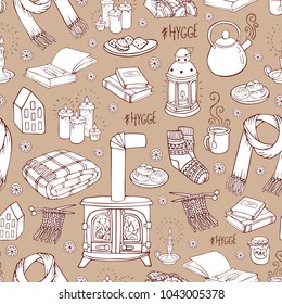 Seamless pattern with hand-drawn doodles hygge. Vector illustration.