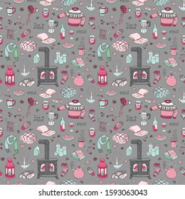 Seamless pattern with hand-drawn doodles hygge. Vector illustration.