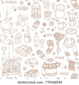 Seamless pattern with hand-drawn doodles hygge. Vector illustration.