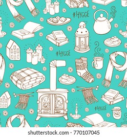 Seamless pattern with hand-drawn doodles hygge. Vector illustration.