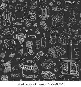 Seamless pattern with hand-drawn doodles hygge. Vector illustration.