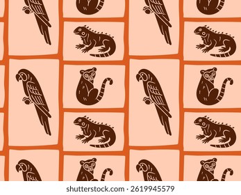 Seamless pattern with hand-drawn doodles imitating ink pen style featuring parrot, iguana, and lemur, perfect for tropical and summer-themed designs.