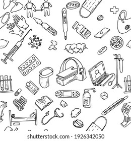 seamless pattern hand-drawn doodles on the topic of medicine and vaccination against coronavirus